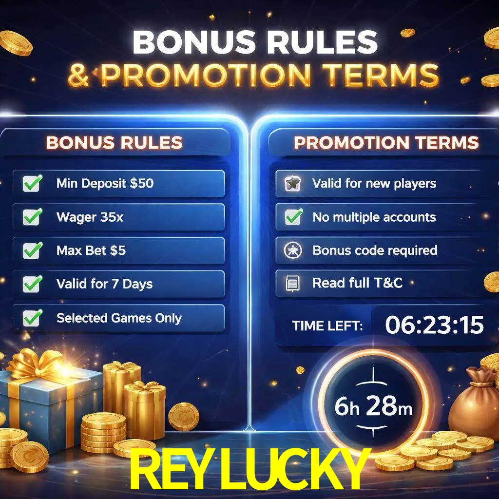 Reglas de promoción REYLUCKY y condiciones de bonos explicadas visualmente