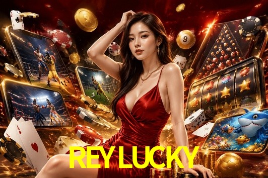 Una escena digital vívida inspirada en casino con REYLUCKY mostrado prominentemente, luces brillantes, fichas, cartas y acentos dorados.