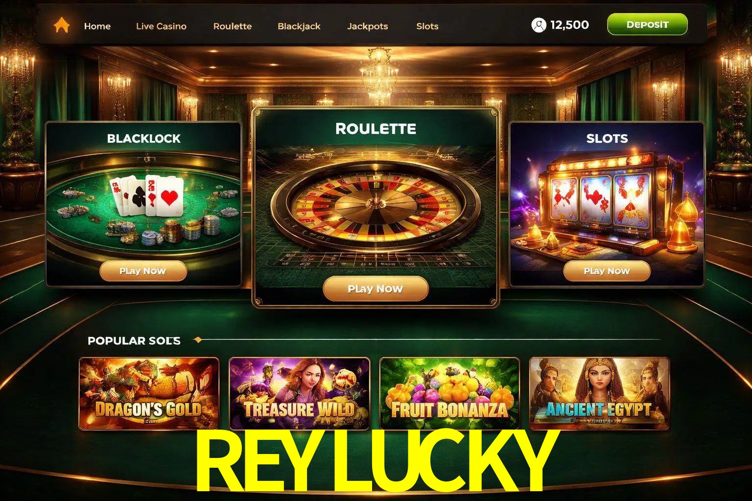 Vista de la plataforma REYLUCKY Casino mostrando categorías organizadas de juegos en línea