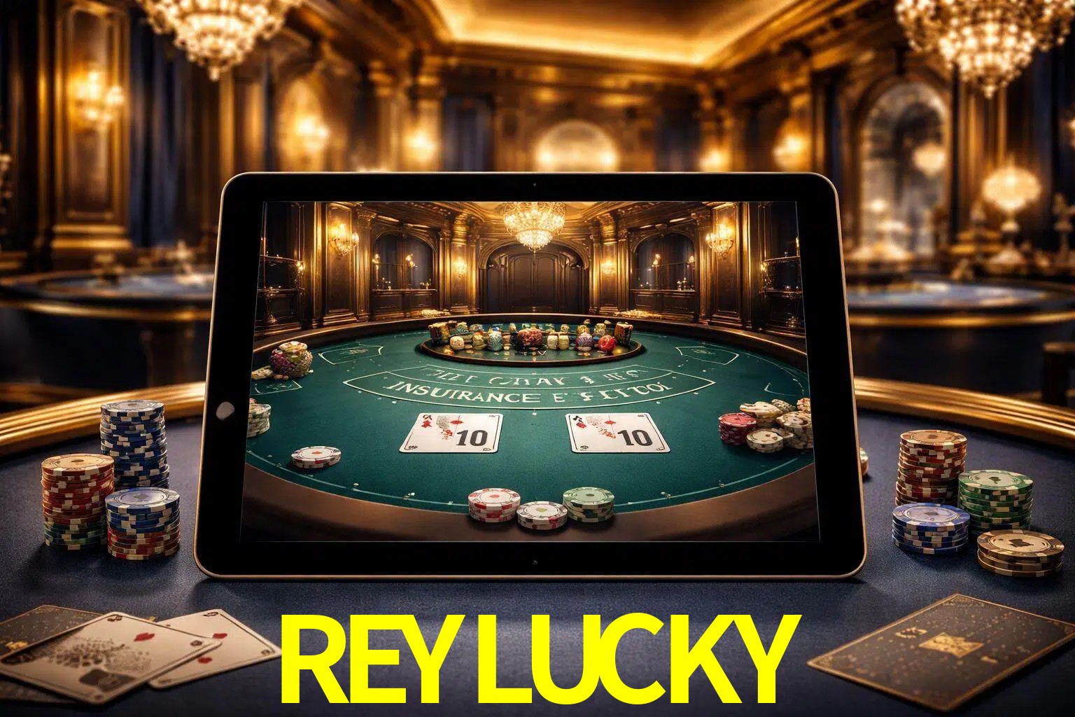 Configuración moderna de casino en vivo con una tableta mostrando una mesa de blackjack, luces cálidas de estudio y una atmósfera elegante de juegos digitales.