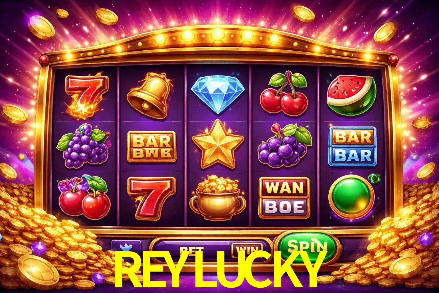 Una interfaz colorida de tragamonedas en línea con símbolos brillantes, monedas y un efecto de victoria celebratoria en REYLUCKY.
