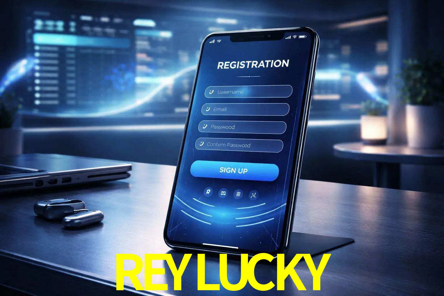 Una interfaz moderna de registro móvil para REYLUCKY mostrada en un smartphone con un panel de apuestas elegante.